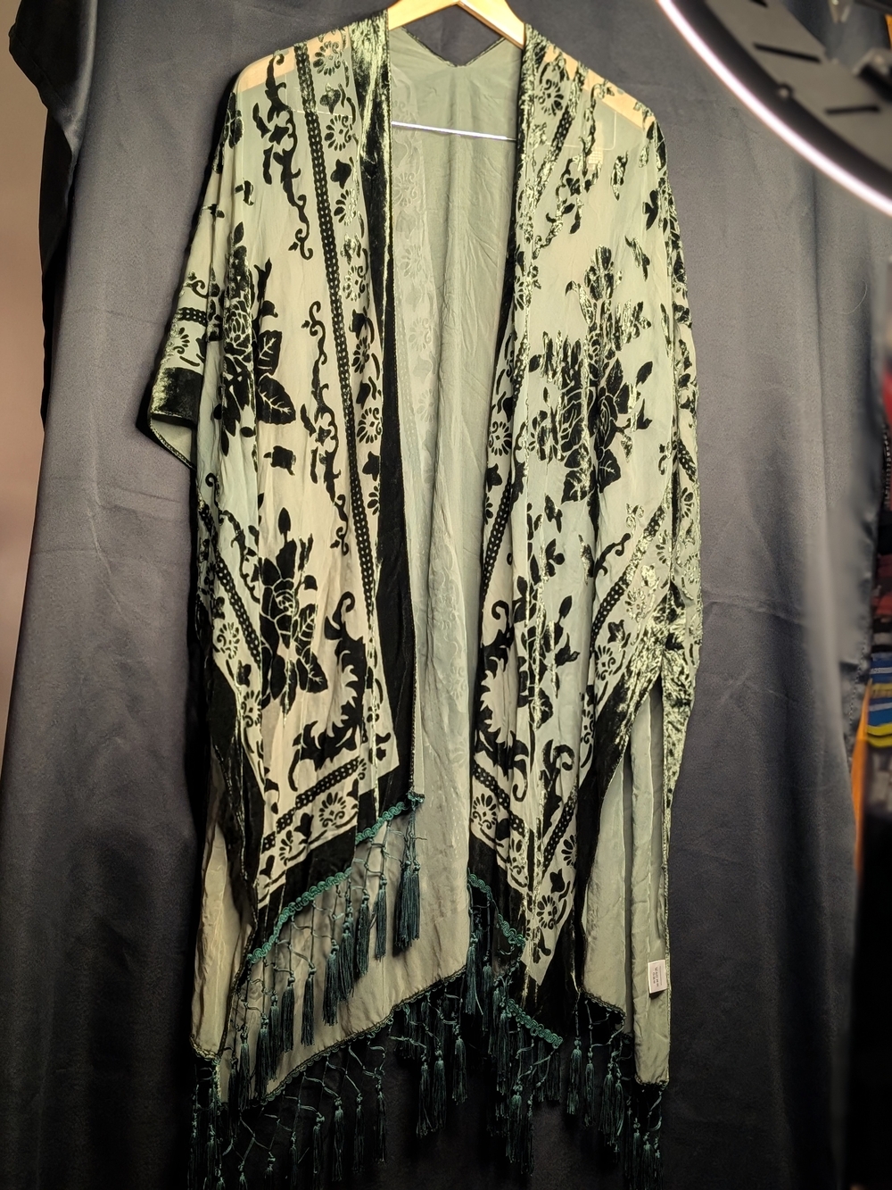 Green Velvet Burnout Floral Kimono Duster Tassel Fringe - Picture 3 of 4